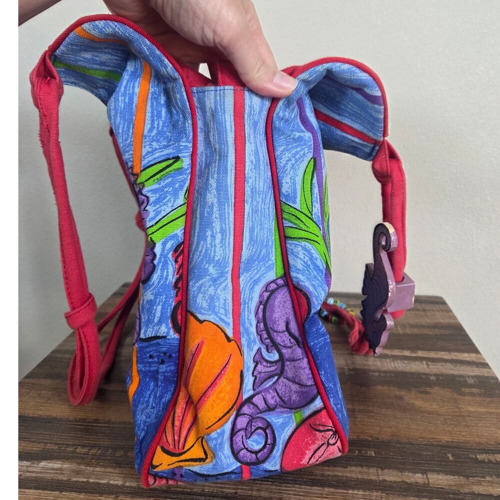 Vintage Sally Huss Sea Life Colorful Tote Bag with Wooden Sea Horse Charm Artsy - Picture 9 of 11